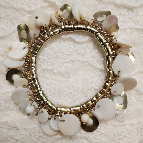 Vintage White, Mother of Pearl Shell and Metal Cha Cha Stretch Bracelet - Picture 2 of 5